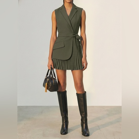 Commense Dresses & Skirts - Commense Pleated Wrap 
Blazer Dress in Olive Green